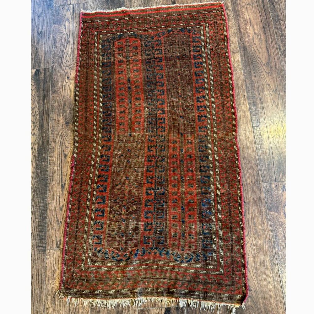 Antique 31"X 55" Afghan Baluchi Tribal Prayer Rug Hand Knotted Wool Carpet